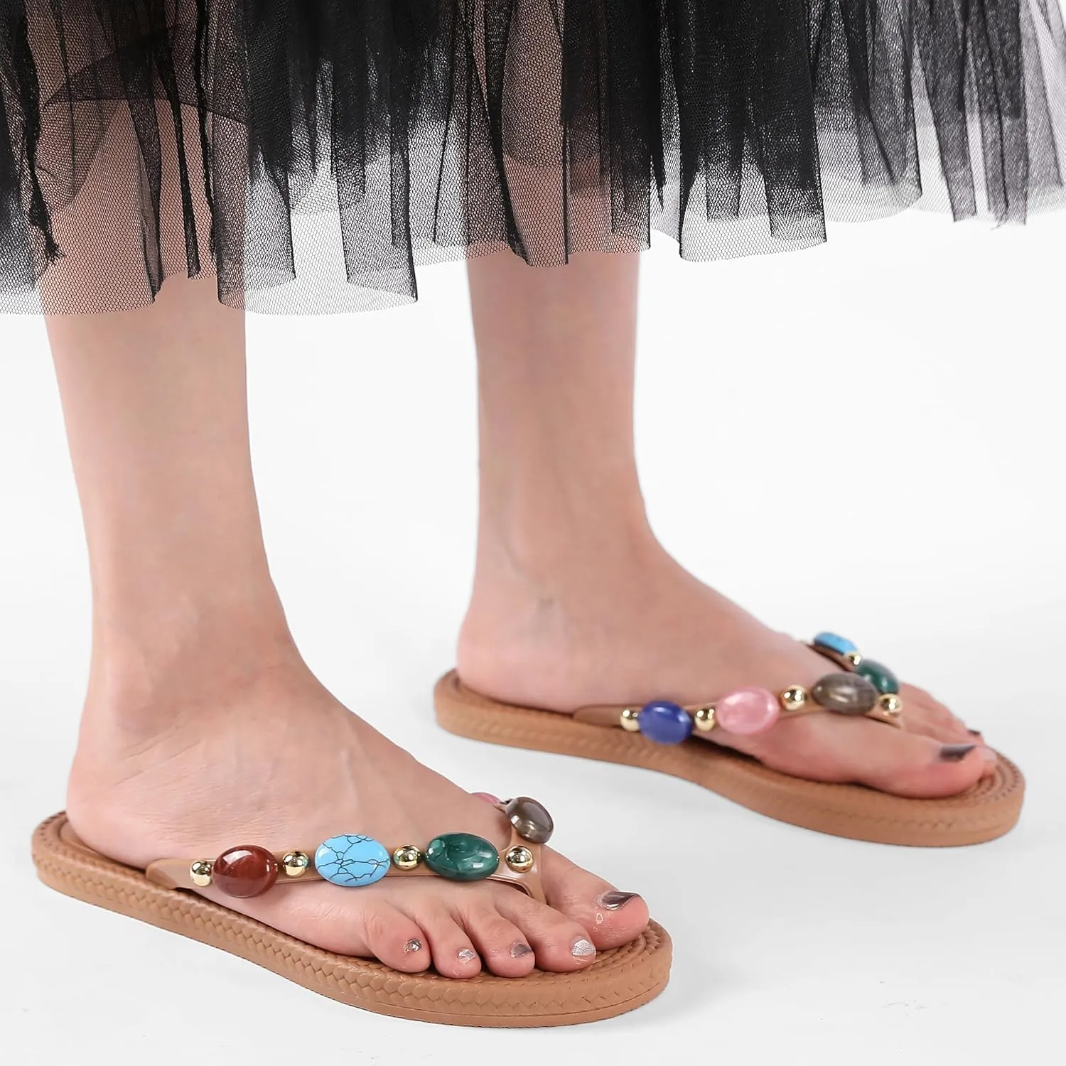 Women Jewelled Thong Strap Open Round Toe Flip Flops Comfy Slip on Flats Sandals Casual Summer Beach Slippers