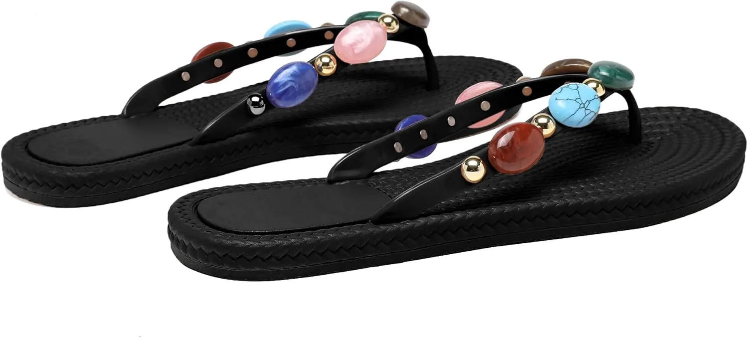Women Jewelled Thong Strap Open Round Toe Flip Flops Comfy Slip on Flats Sandals Casual Summer Beach Slippers