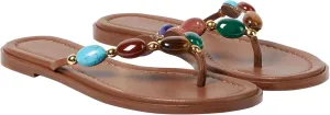 Women Jewelled Thong Strap Open Round Toe Flip Flops Comfy Slip on Flats Sandals Casual Summer Beach Slippers