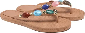 Women Jewelled Thong Strap Open Round Toe Flip Flops Comfy Slip on Flats Sandals Casual Summer Beach Slippers