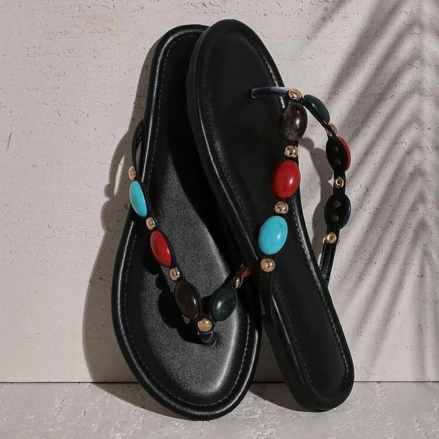 Women Jewelled Thong Strap Open Round Toe Flip Flops Comfy Slip on Flats Sandals Casual Summer Beach Slippers