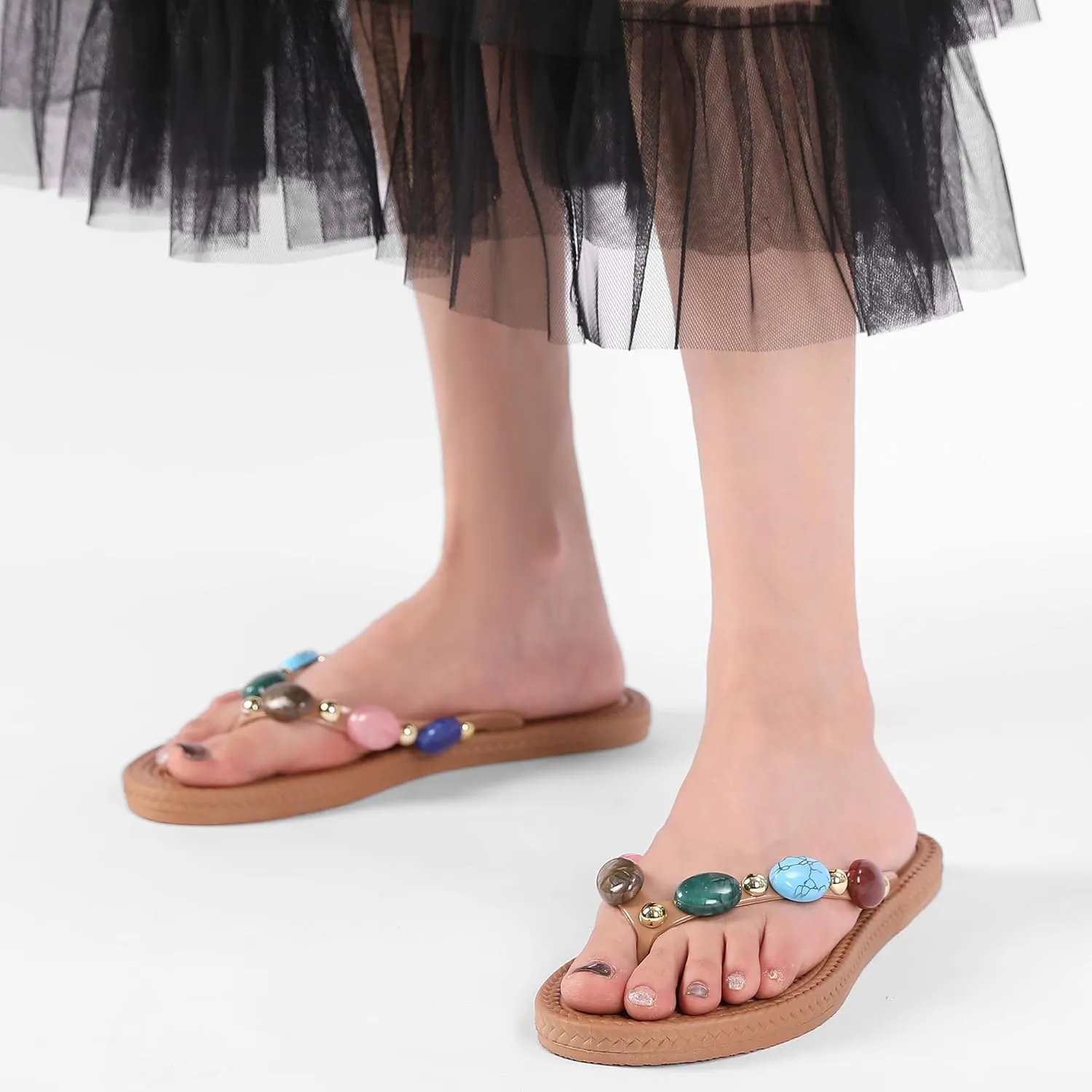 Women Jewelled Thong Strap Open Round Toe Flip Flops Comfy Slip on Flats Sandals Casual Summer Beach Slippers