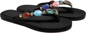 Women Jewelled Thong Strap Open Round Toe Flip Flops Comfy Slip on Flats Sandals Casual Summer Beach Slippers