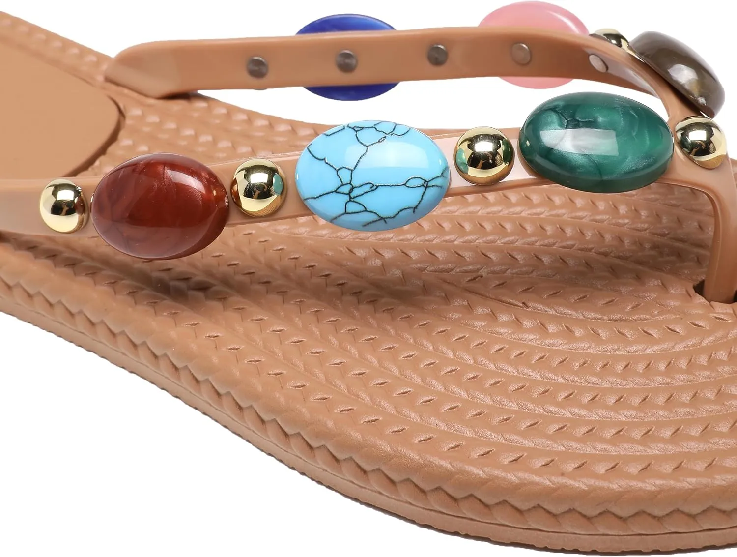 Women Jewelled Thong Strap Open Round Toe Flip Flops Comfy Slip on Flats Sandals Casual Summer Beach Slippers
