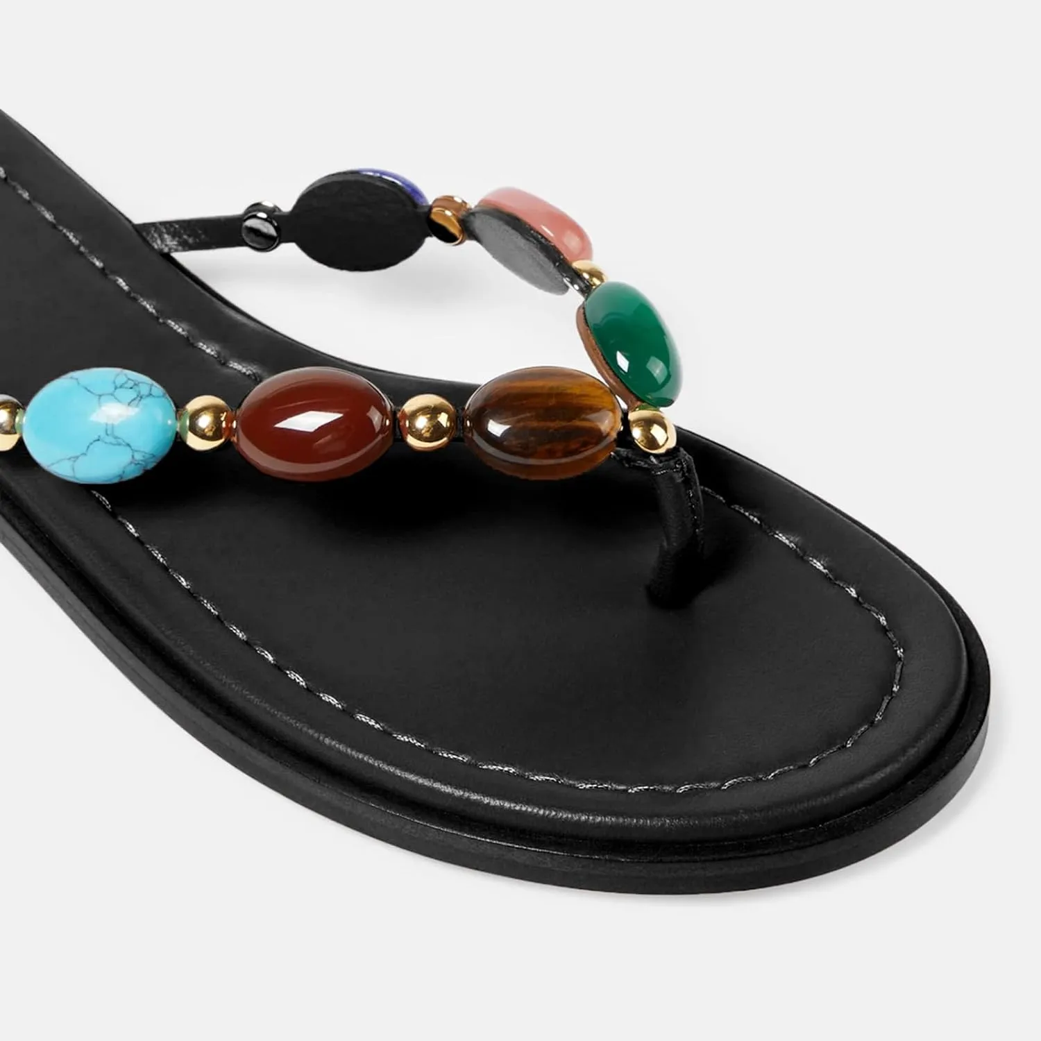 Women Jewelled Thong Strap Open Round Toe Flip Flops Comfy Slip on Flats Sandals Casual Summer Beach Slippers