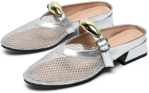 Women Mesh Mules Fishnet Ballet Flats Low Heel Metallic Slip On Ballerina Shoes Comfortable Round Toe Casual Dress Mary Jane Flats