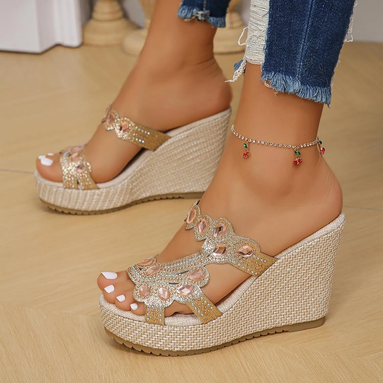 Women Rhinestone Wedge Sandals Summer Bohemian Open Toe High Platform Slides Slip on Beach Sandals Casual Dress Shoes