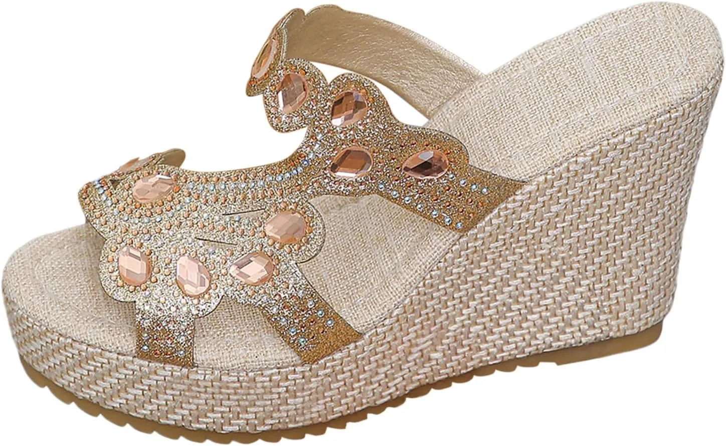 Women Rhinestone Wedge Sandals Summer Bohemian Open Toe High Platform Slides Slip on Beach Sandals Casual Dress Shoes