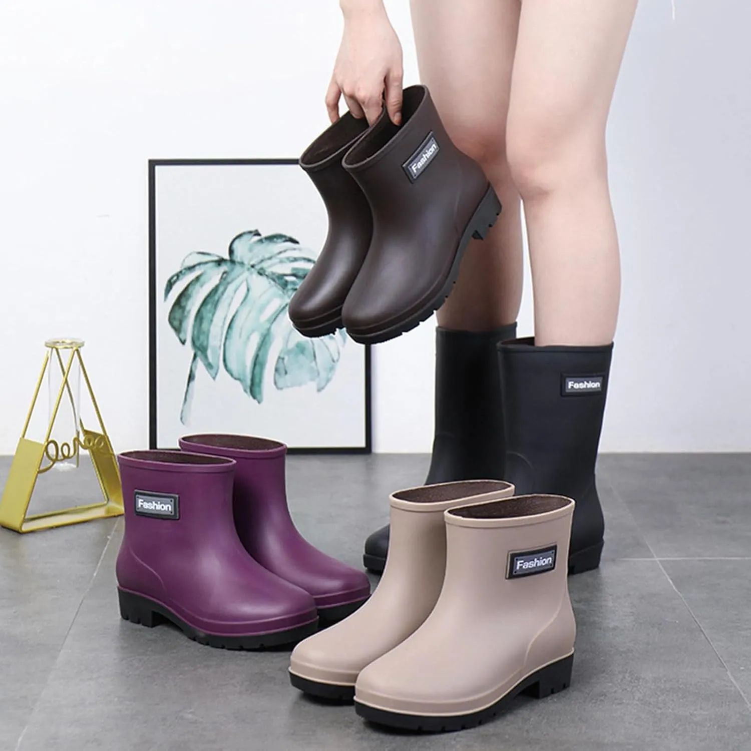Women Short Rain Boots for Womens Ankle Rainboot Slip On Garden Boot Rubber Shoes Womens Long Rain Boots