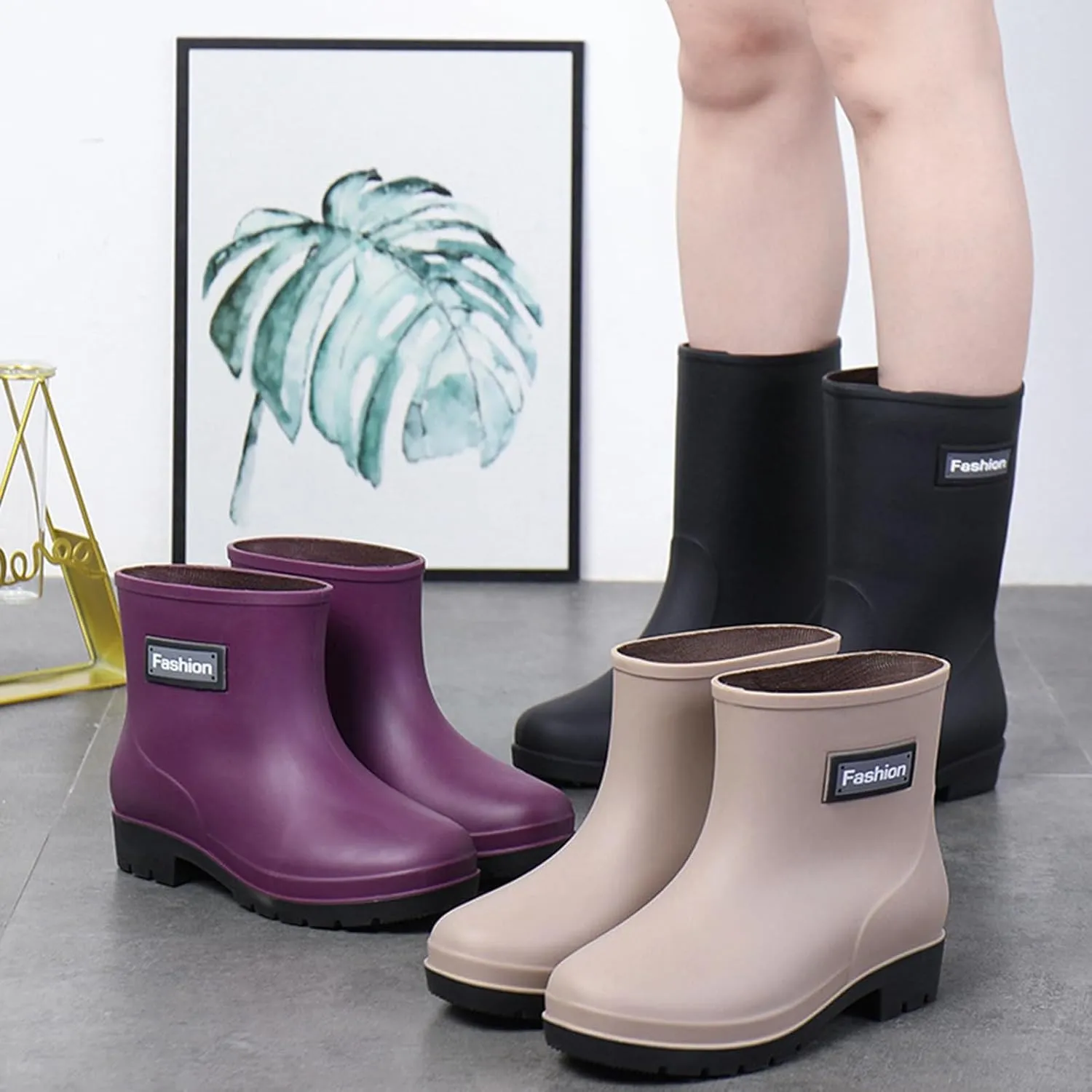 Women Short Rain Boots for Womens Ankle Rainboot Slip On Garden Boot Rubber Shoes Womens Long Rain Boots