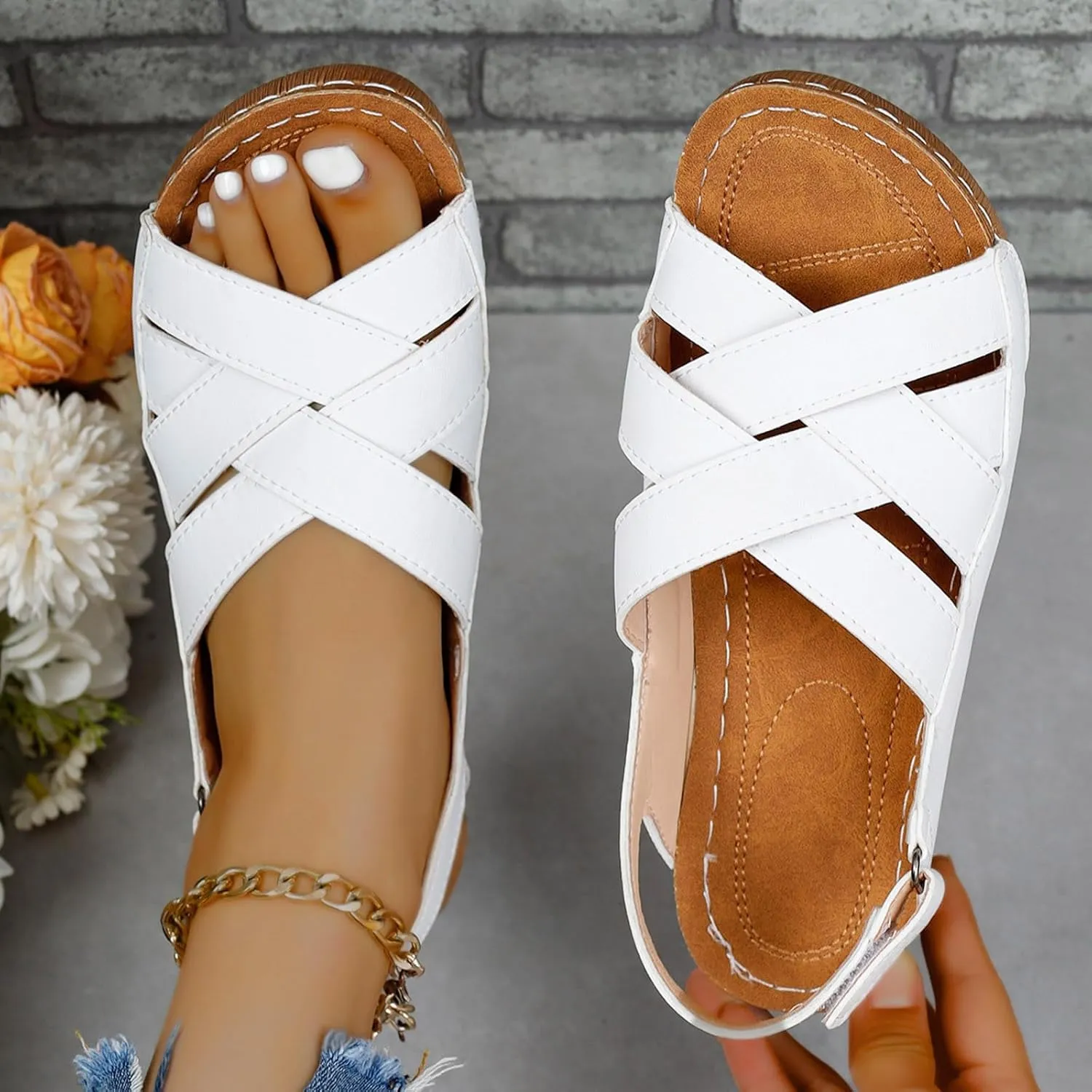 Womens Ankle Strap Sandals Walking Hiking Summer Beach Flats Shoes Comfort Open Toe Comfortable Dressy Arch Support Wedges Sandals Round Bottom Buckle Wide Width Beach Slippers Orthotic Shoes