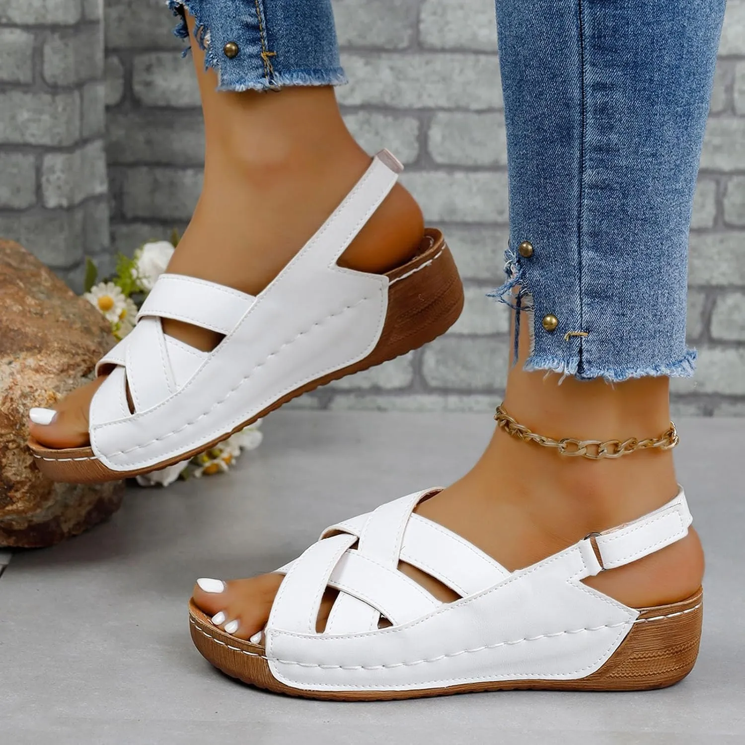 Womens Ankle Strap Sandals Walking Hiking Summer Beach Flats Shoes Comfort Open Toe Comfortable Dressy Arch Support Wedges Sandals Round Bottom Buckle Wide Width Beach Slippers Orthotic Shoes