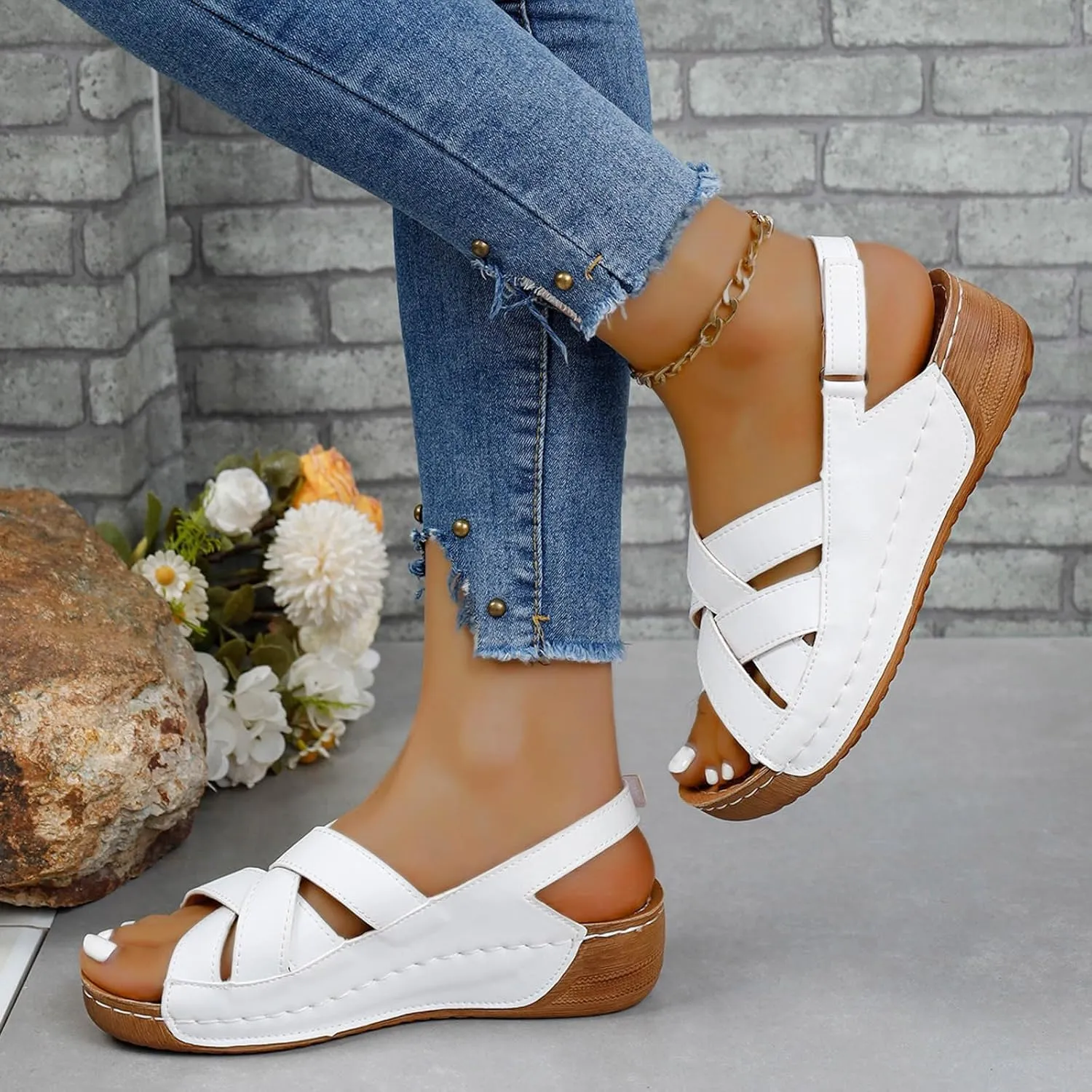 Womens Ankle Strap Sandals Walking Hiking Summer Beach Flats Shoes Comfort Open Toe Comfortable Dressy Arch Support Wedges Sandals Round Bottom Buckle Wide Width Beach Slippers Orthotic Shoes