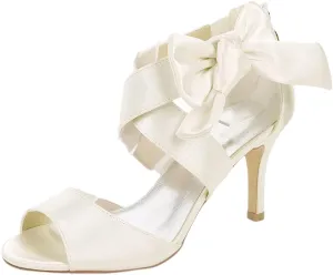 Womens Bow High Heels Peep Toe Wedding Shoes For Bride Party Dress Sandals Work Party 8.5CM Zip