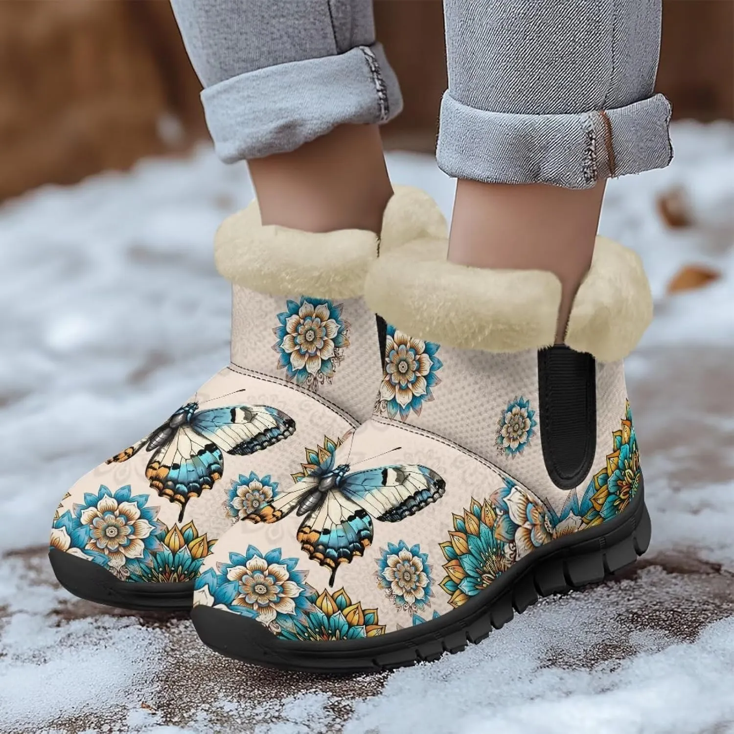 Womens Butterfly Snow Boots Winter Warm Ankle Booties for Women Comfortable Anti-Slip Outdoor Shoes Size 6-12