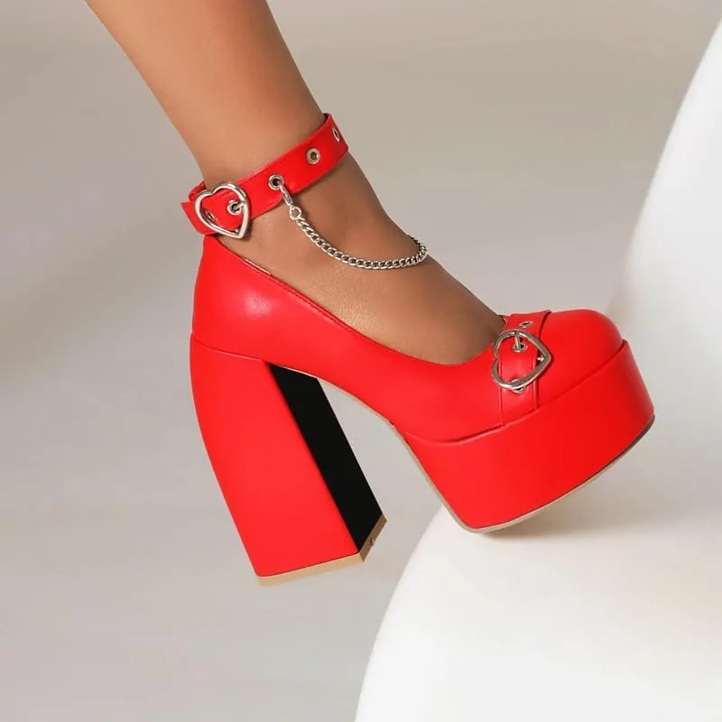 Women's Chunky High Heels Platform Mary Jane Pumps Closed Round Toe Goth Shoes Heart Buckle Strap Hook and Loop Dress Thick Heeled Lolita Shoes Block Sandals