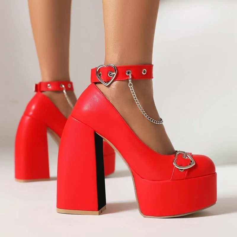 Women's Chunky High Heels Platform Mary Jane Pumps Closed Round Toe Goth Shoes Heart Buckle Strap Hook and Loop Dress Thick Heeled Lolita Shoes Block Sandals