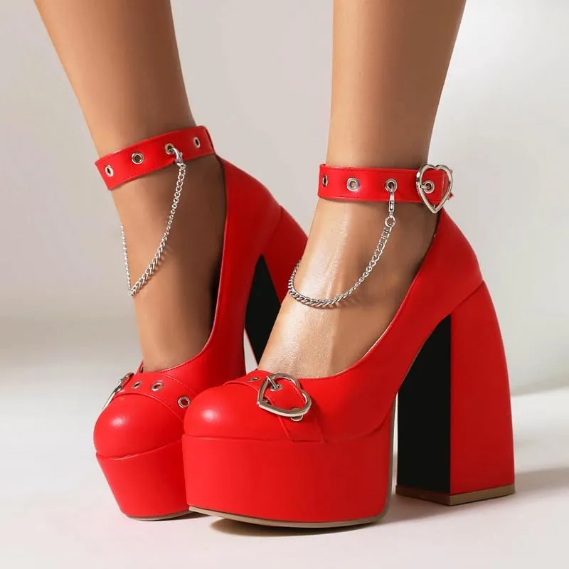 Women's Chunky High Heels Platform Mary Jane Pumps Closed Round Toe Goth Shoes Heart Buckle Strap Hook and Loop Dress Thick Heeled Lolita Shoes Block Sandals