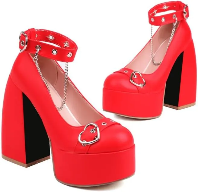 Women's Chunky High Heels Platform Mary Jane Pumps Closed Round Toe Goth Shoes Heart Buckle Strap Hook and Loop Dress Thick Heeled Lolita Shoes Block Sandals