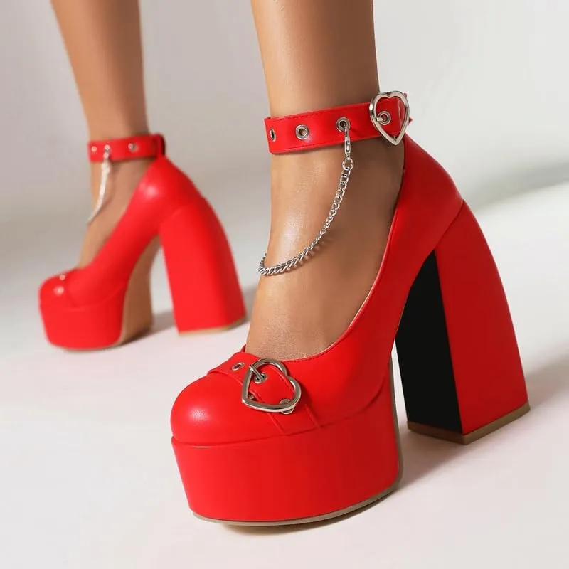 Women's Chunky High Heels Platform Mary Jane Pumps Closed Round Toe Goth Shoes Heart Buckle Strap Hook and Loop Dress Thick Heeled Lolita Shoes Block Sandals