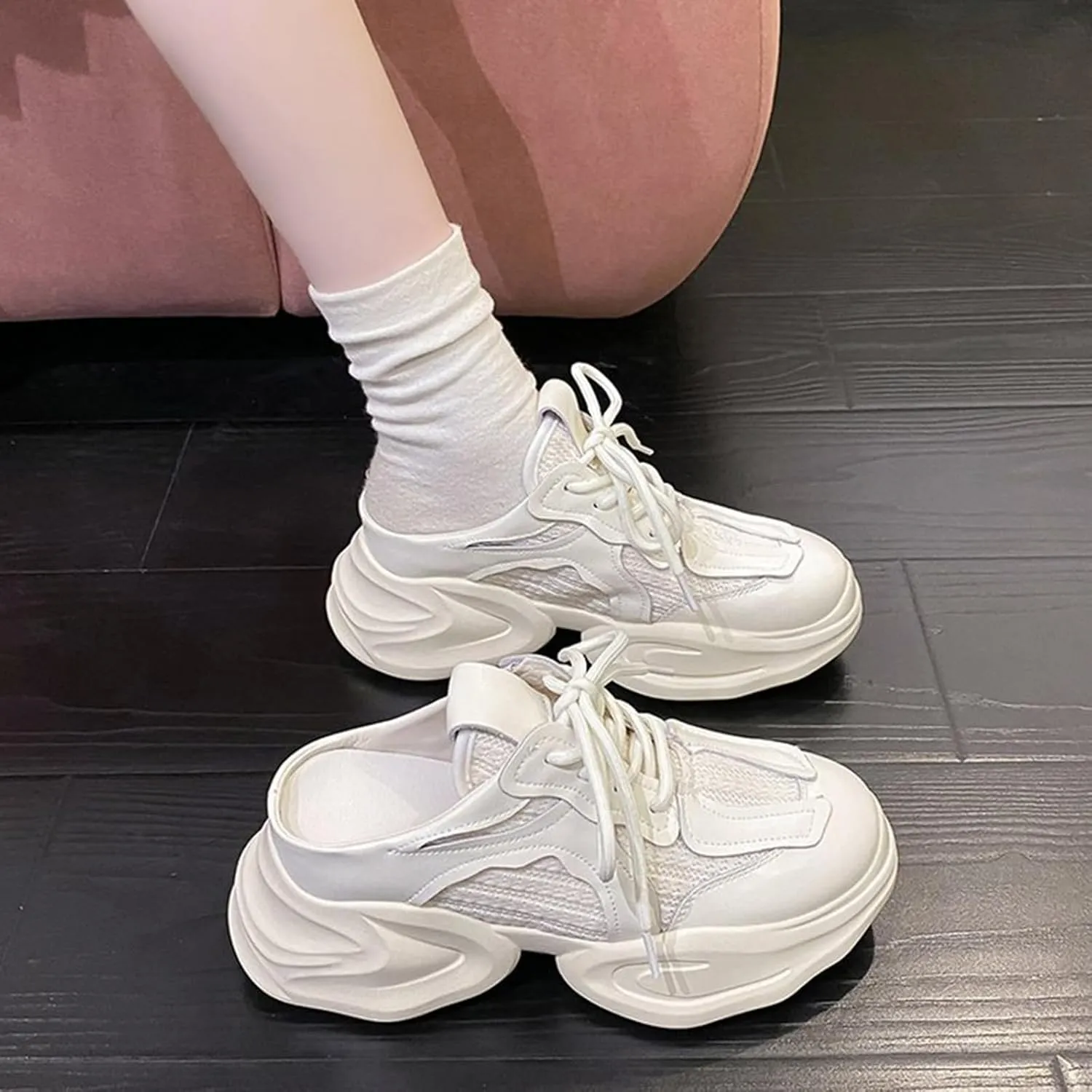 Womens Chunky Mule Sneakers Slip on Platform Shoes Comfortable Fashion Casual Backless Sneakers