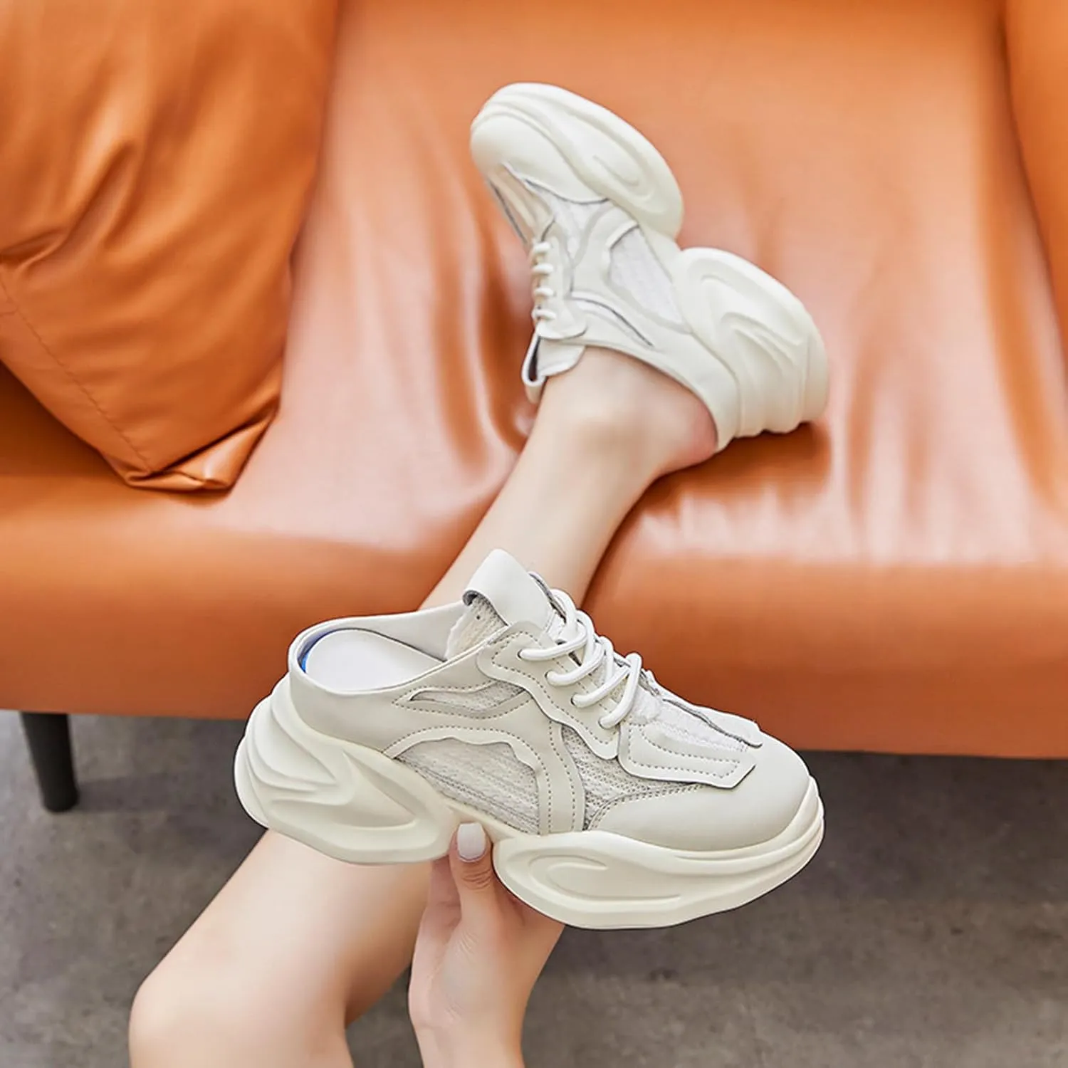 Womens Chunky Mule Sneakers Slip on Platform Shoes Comfortable Fashion Casual Backless Sneakers