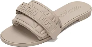 Women's Flat Sandals Adjustable Straps Slip-On Leather Slippers Sandals Black Pink Blue Khaki slides