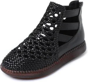 Women's Genuine Leather Braided Cutout High Top Flat Sandals Retro Round Toe Back Zipper Beef Tendon Sole Hollow Ankle Boots Comfortable Breathable Casual Sandals