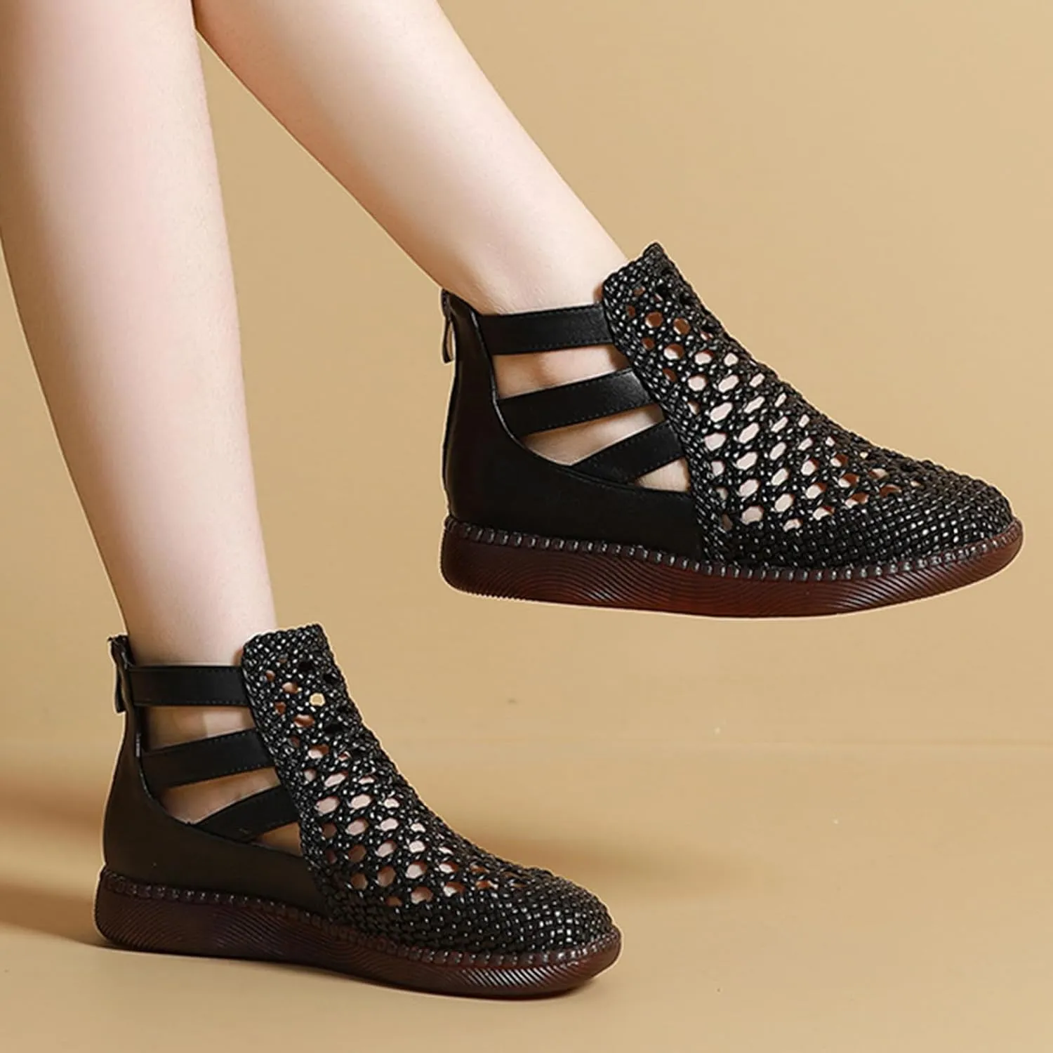 Women's Genuine Leather Braided Cutout High Top Flat Sandals Retro Round Toe Back Zipper Beef Tendon Sole Hollow Ankle Boots Comfortable Breathable Casual Sandals