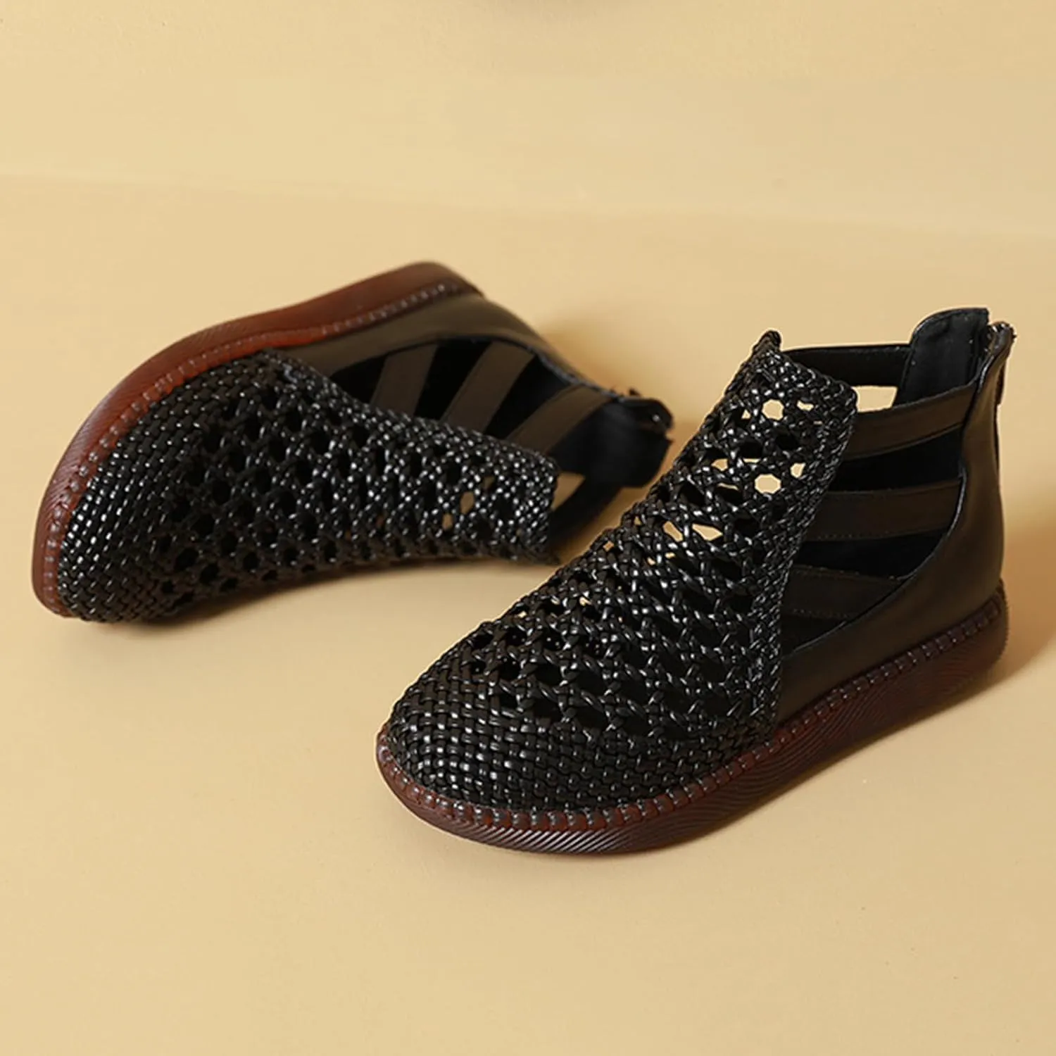 Women's Genuine Leather Braided Cutout High Top Flat Sandals Retro Round Toe Back Zipper Beef Tendon Sole Hollow Ankle Boots Comfortable Breathable Casual Sandals