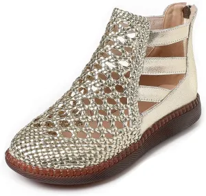 Women's Genuine Leather Braided Cutout High Top Flat Sandals Retro Round Toe Back Zipper Beef Tendon Sole Hollow Ankle Boots Comfortable Breathable Casual Sandals