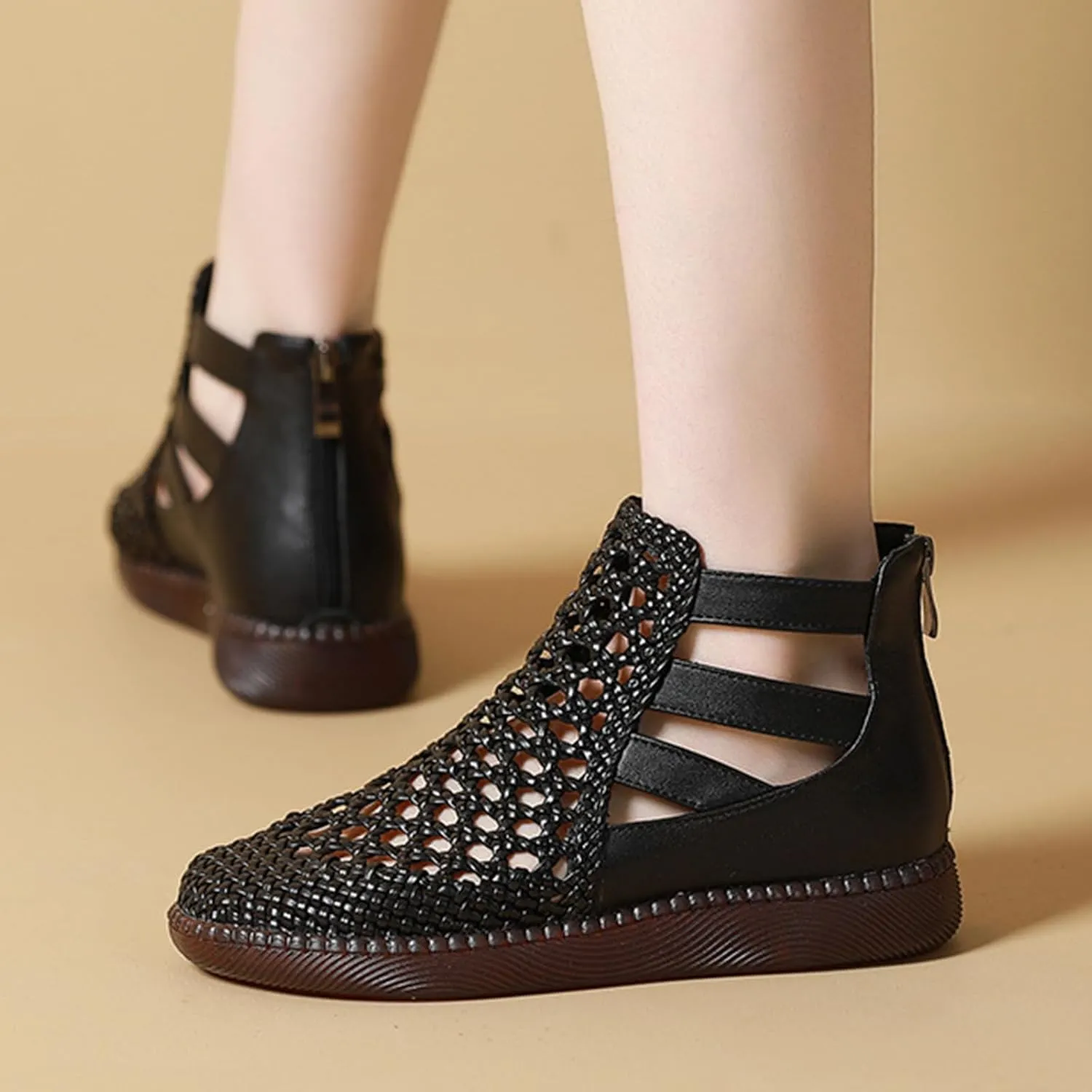 Women's Genuine Leather Braided Cutout High Top Flat Sandals Retro Round Toe Back Zipper Beef Tendon Sole Hollow Ankle Boots Comfortable Breathable Casual Sandals