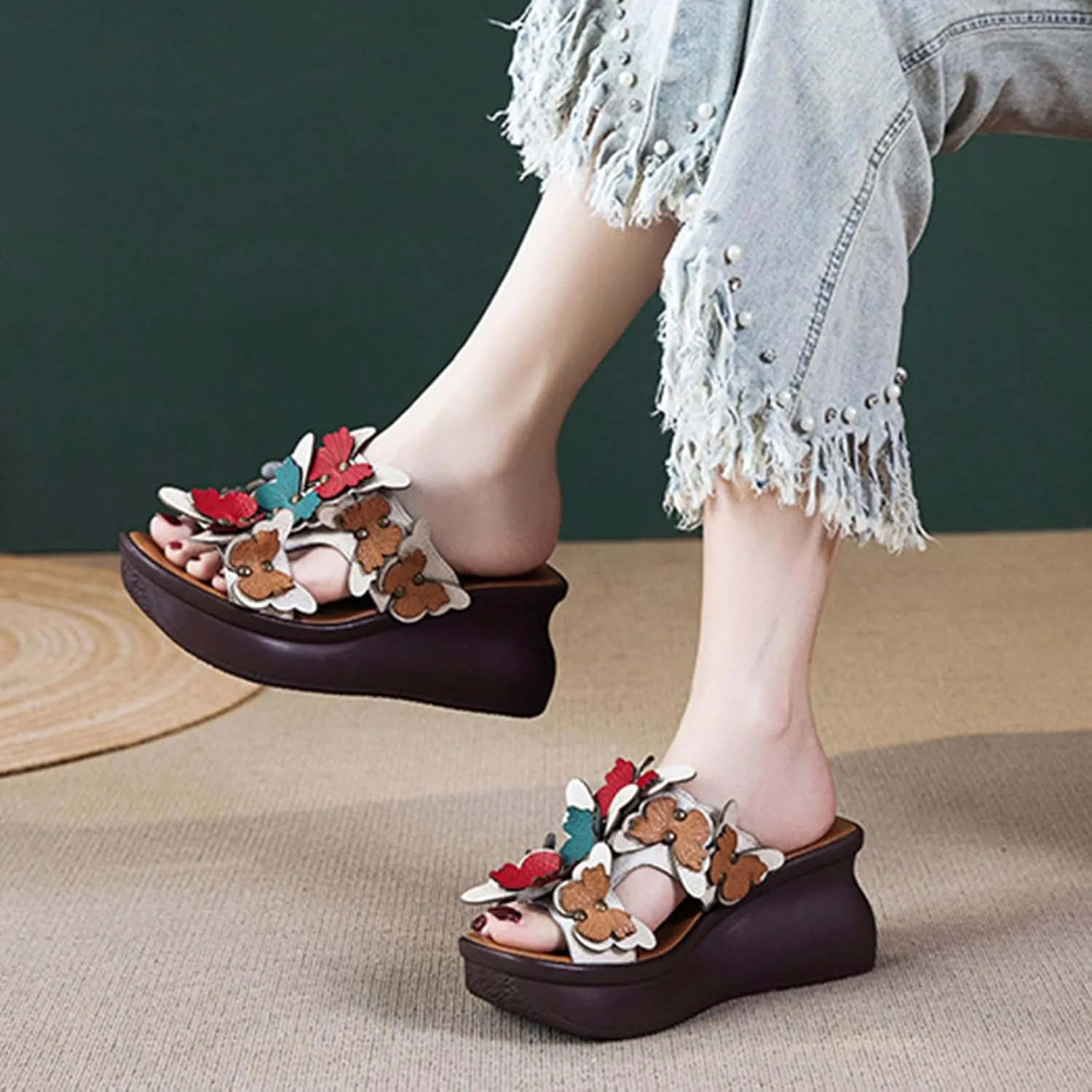 Women's Genuine Leather Colorblock Butterfly Platform Wedge Sandals Retro National Style Open Round Toe Slip-On Heighten Slides Sandals Summer Comfortable Casual Beach Shoes