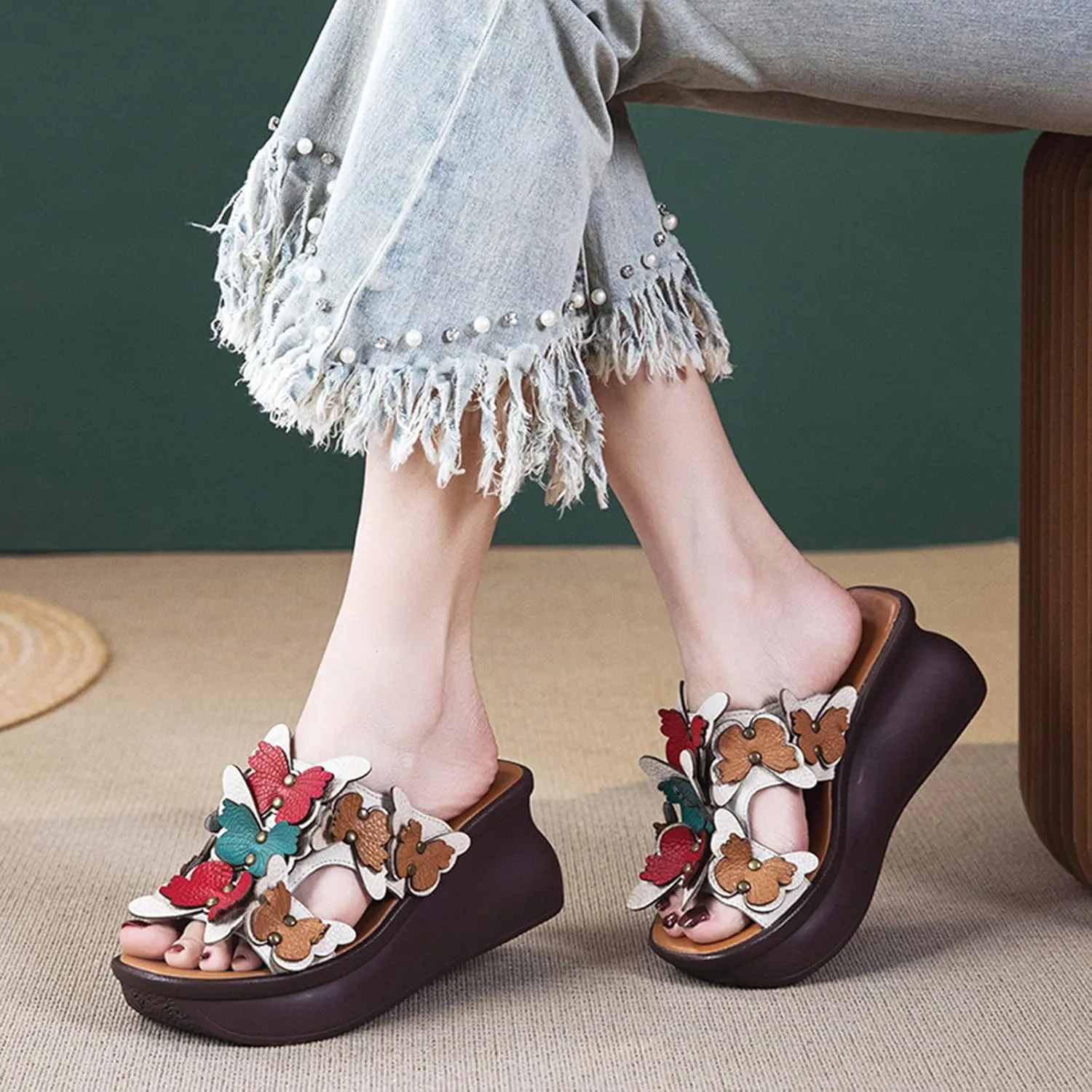 Women's Genuine Leather Colorblock Butterfly Platform Wedge Sandals Retro National Style Open Round Toe Slip-On Heighten Slides Sandals Summer Comfortable Casual Beach Shoes