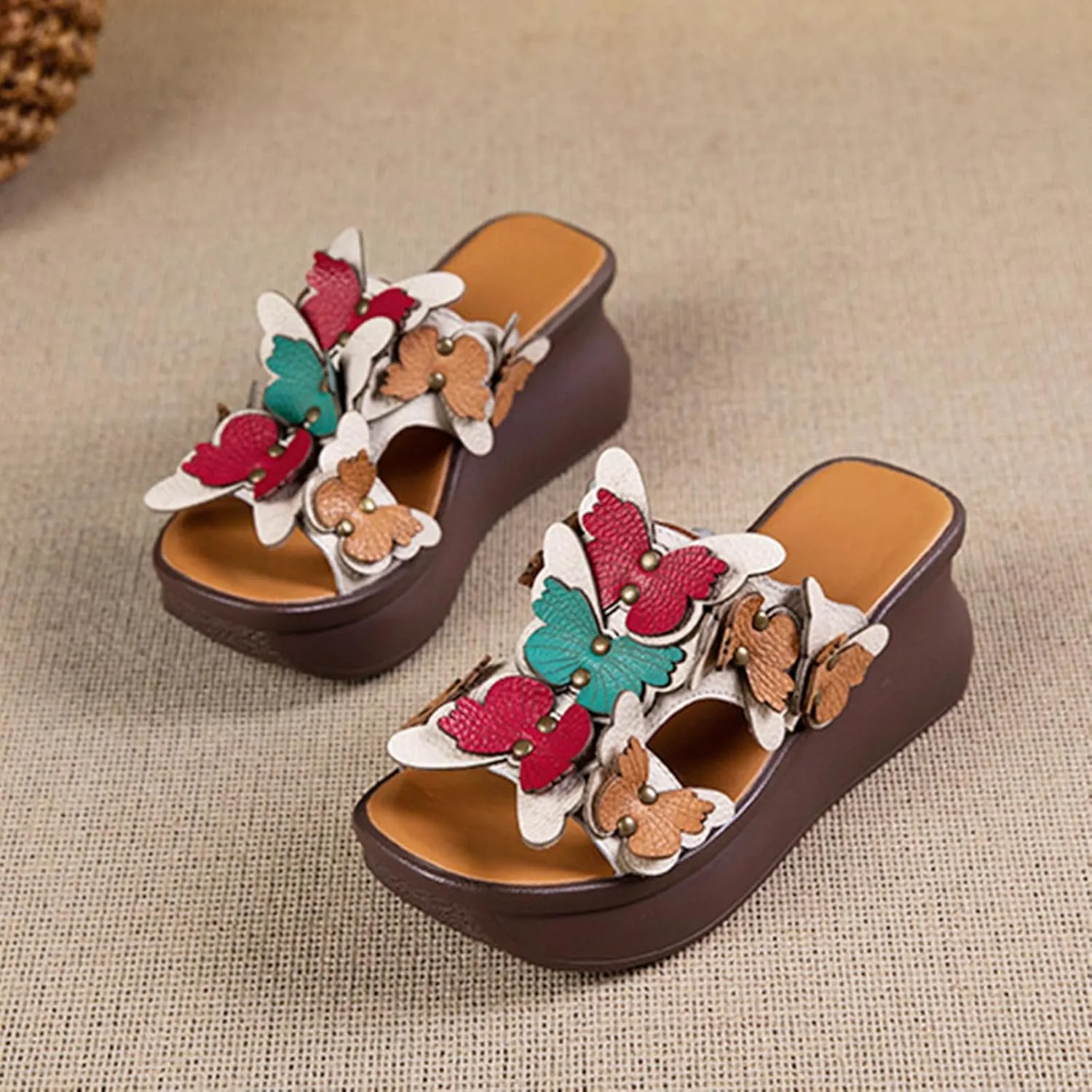 Women's Genuine Leather Colorblock Butterfly Platform Wedge Sandals Retro National Style Open Round Toe Slip-On Heighten Slides Sandals Summer Comfortable Casual Beach Shoes