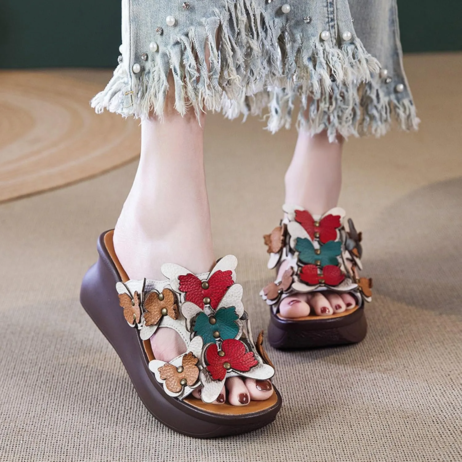 Women's Genuine Leather Colorblock Butterfly Platform Wedge Sandals Retro National Style Open Round Toe Slip-On Heighten Slides Sandals Summer Comfortable Casual Beach Shoes