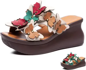 Women's Genuine Leather Colorblock Butterfly Platform Wedge Sandals Retro National Style Open Round Toe Slip-On Heighten Slides Sandals Summer Comfortable Casual Beach Shoes
