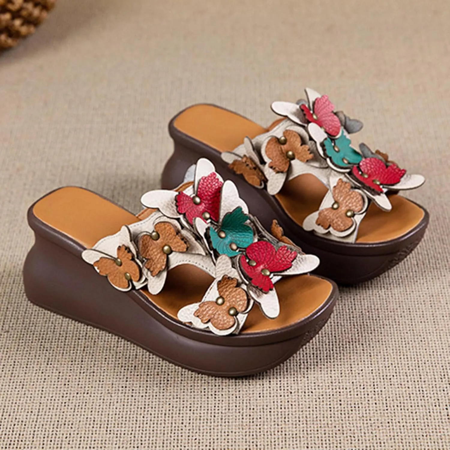 Women's Genuine Leather Colorblock Butterfly Platform Wedge Sandals Retro National Style Open Round Toe Slip-On Heighten Slides Sandals Summer Comfortable Casual Beach Shoes