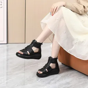 Women's Genuine Leather Fish Mouth Thick Bottom High Top Roman Sandals with Rear Zipper Summer Open Toe Hollow Breathable Soft Bottom Waterproof Platform Foot Gladiator Sandals