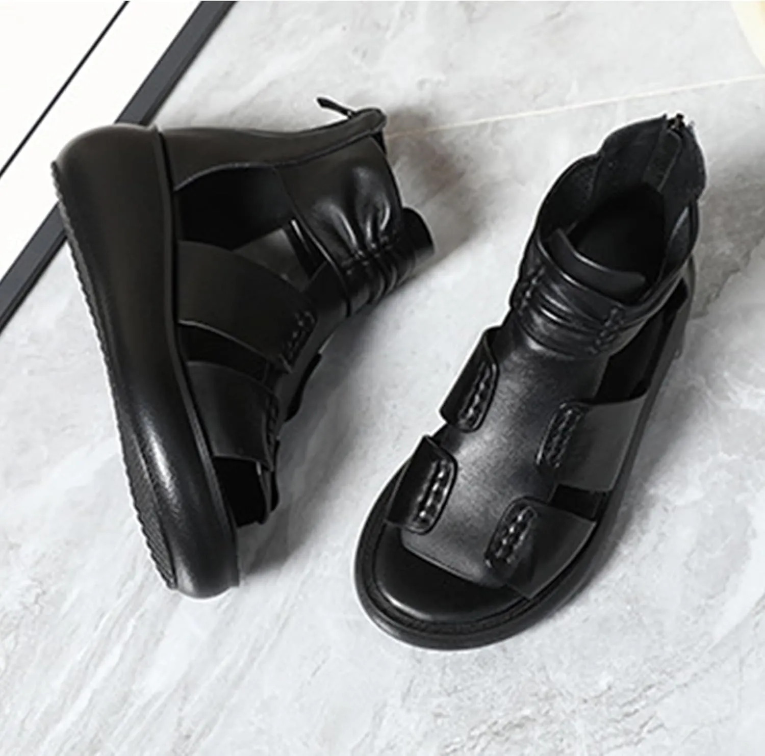 Women's Genuine Leather Fish Mouth Thick Bottom High Top Roman Sandals with Rear Zipper Summer Open Toe Hollow Breathable Soft Bottom Waterproof Platform Foot Gladiator Sandals