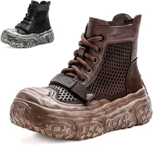 Women's Genuine Leather High Top Platform Sandals Fashion Hollow Mesh Closed Toe Lace Up Back Zipper Ankle Boots Lightweight Comfort Foam Rubber Sole Casual Sandals Booties