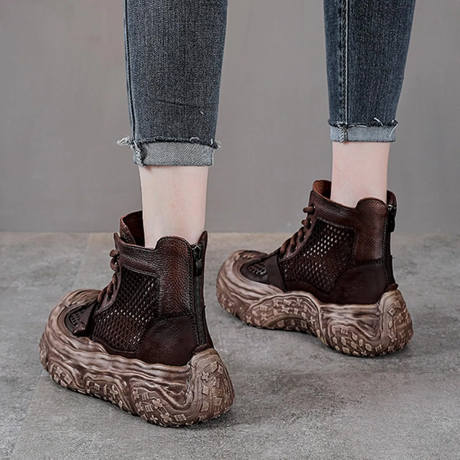 Women's Genuine Leather High Top Platform Sandals Fashion Hollow Mesh Closed Toe Lace Up Back Zipper Ankle Boots Lightweight Comfort Foam Rubber Sole Casual Sandals Booties