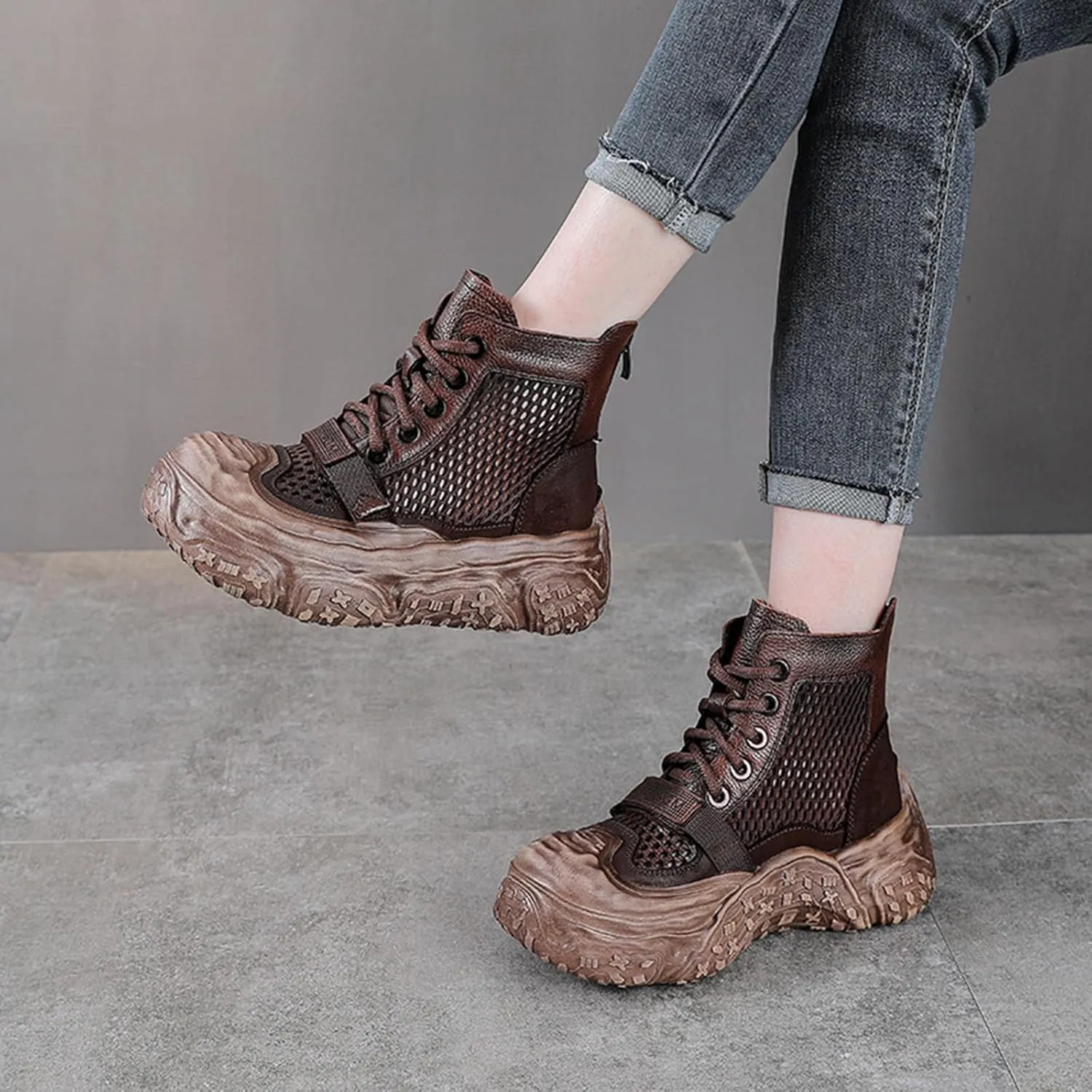 Women's Genuine Leather High Top Platform Sandals Fashion Hollow Mesh Closed Toe Lace Up Back Zipper Ankle Boots Lightweight Comfort Foam Rubber Sole Casual Sandals Booties