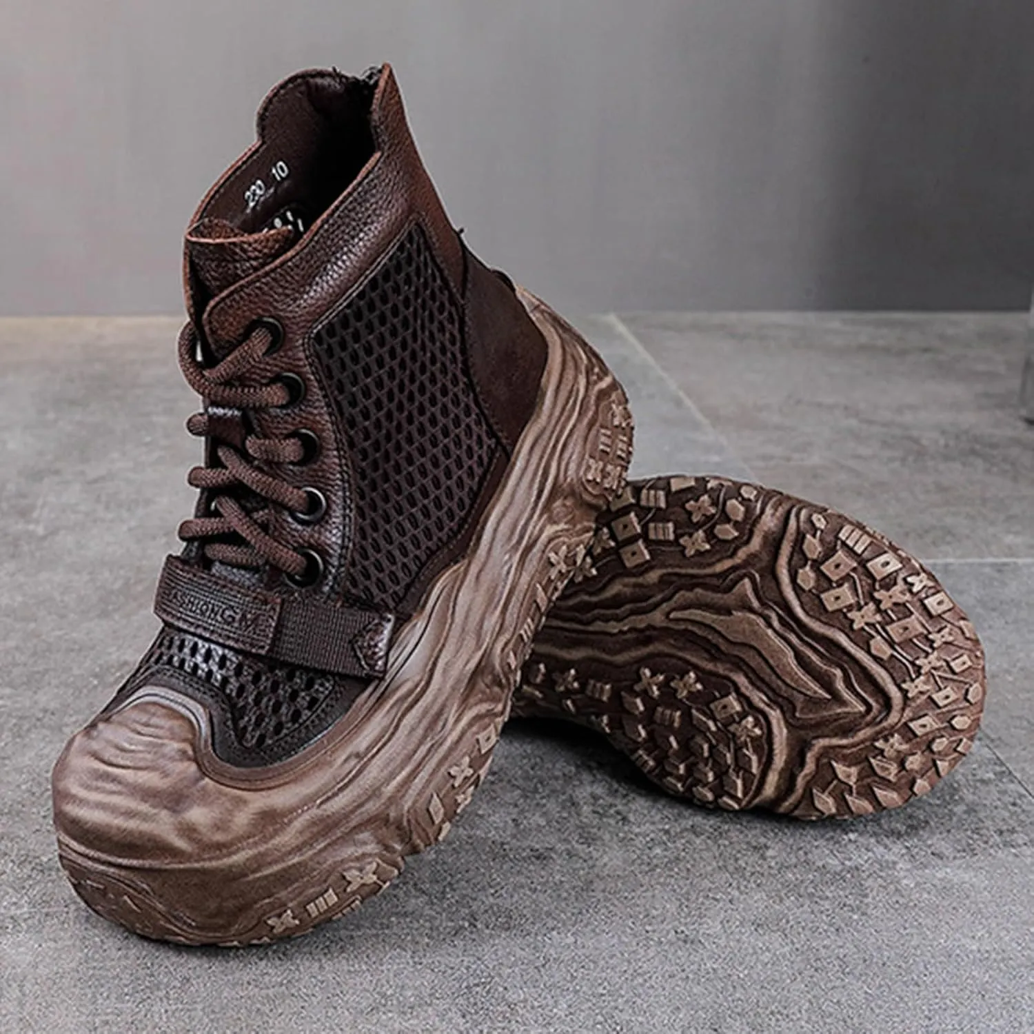 Women's Genuine Leather High Top Platform Sandals Fashion Hollow Mesh Closed Toe Lace Up Back Zipper Ankle Boots Lightweight Comfort Foam Rubber Sole Casual Sandals Booties