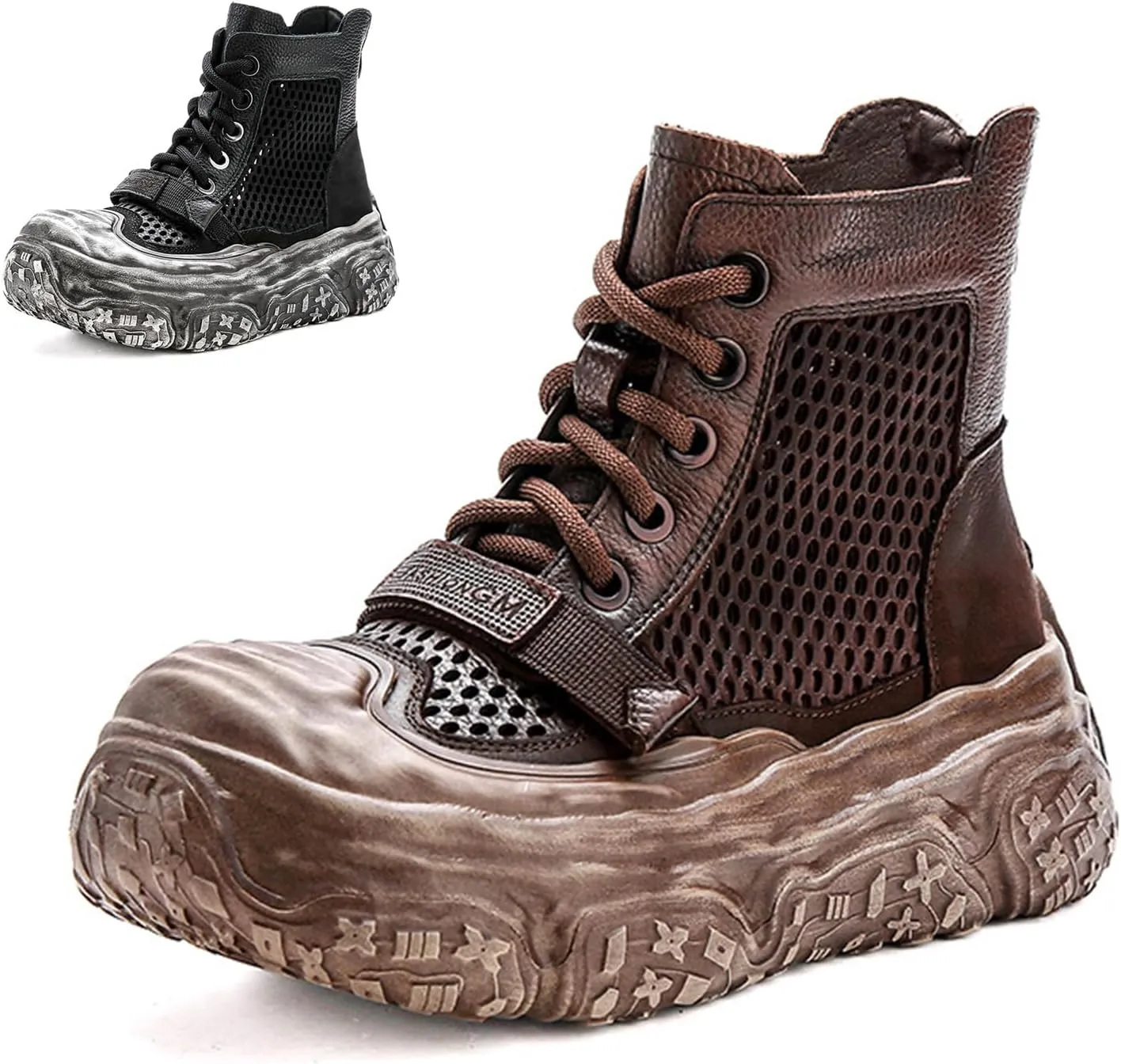 Women's Genuine Leather High Top Platform Sandals Fashion Hollow Mesh Closed Toe Lace Up Back Zipper Ankle Boots Lightweight Comfort Foam Rubber Sole Casual Sandals Booties