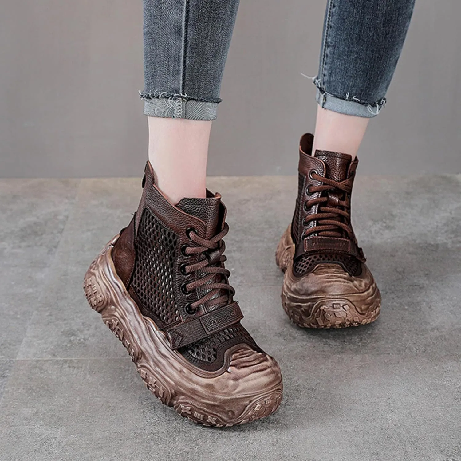 Women's Genuine Leather High Top Platform Sandals Fashion Hollow Mesh Closed Toe Lace Up Back Zipper Ankle Boots Lightweight Comfort Foam Rubber Sole Casual Sandals Booties
