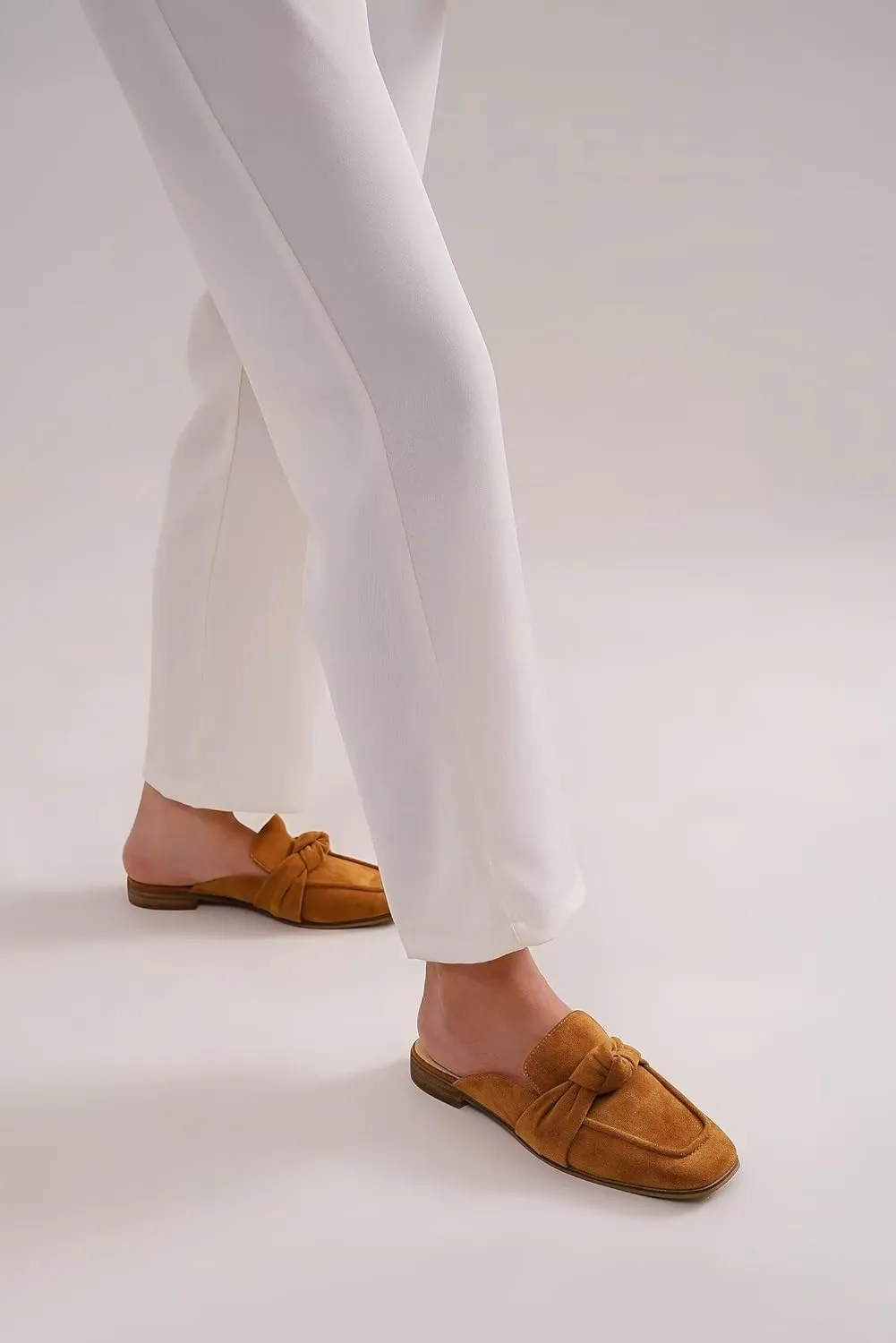 Women's Knot Mules Suede Loafers Mules Flat Mules Comfort Pointed Toe Backless Slip on Slides Loafer Shoes