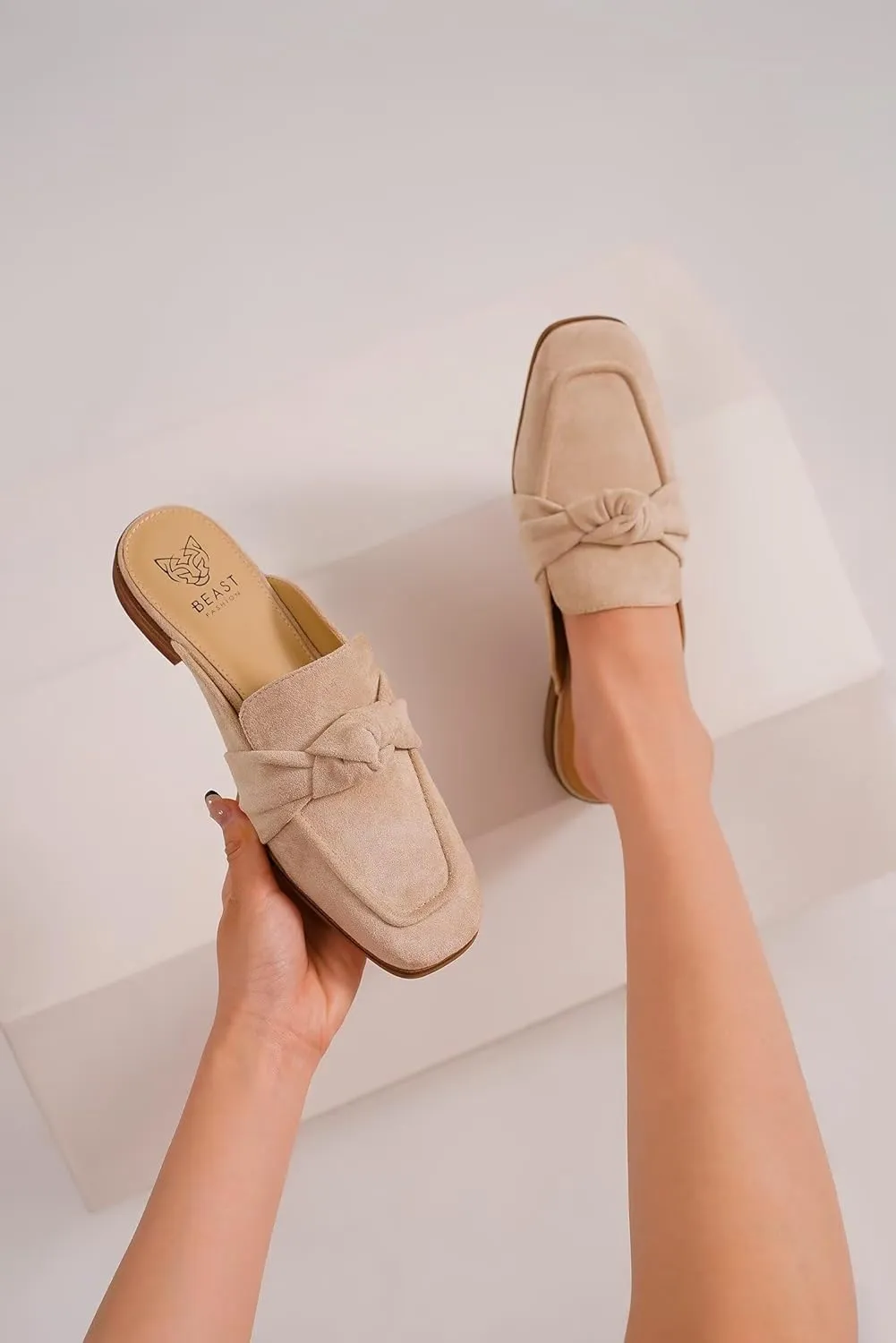 Women's Knot Mules Suede Loafers Mules Flat Mules Comfort Pointed Toe Backless Slip on Slides Loafer Shoes