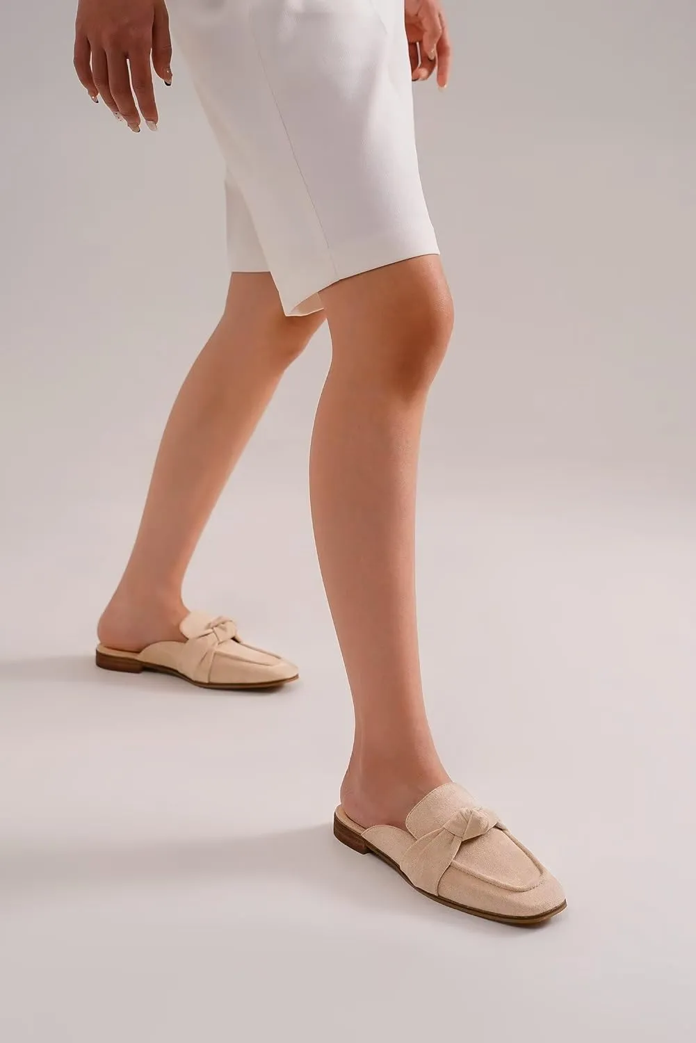 Women's Knot Mules Suede Loafers Mules Flat Mules Comfort Pointed Toe Backless Slip on Slides Loafer Shoes