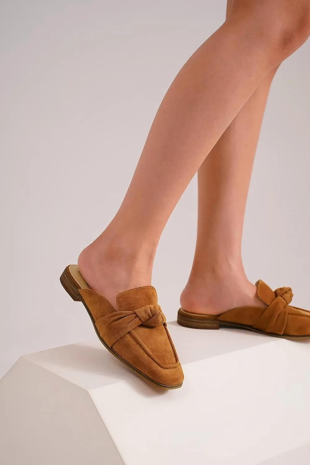 Women's Knot Mules Suede Loafers Mules Flat Mules Comfort Pointed Toe Backless Slip on Slides Loafer Shoes